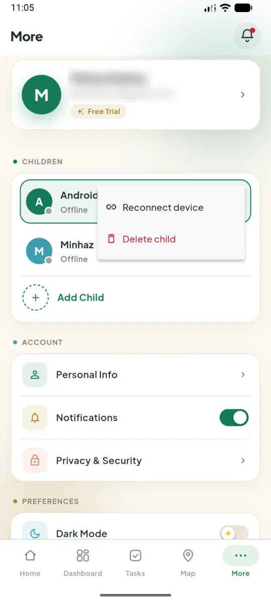 Mamoru parent app More tab with the Delete child option open next to a child