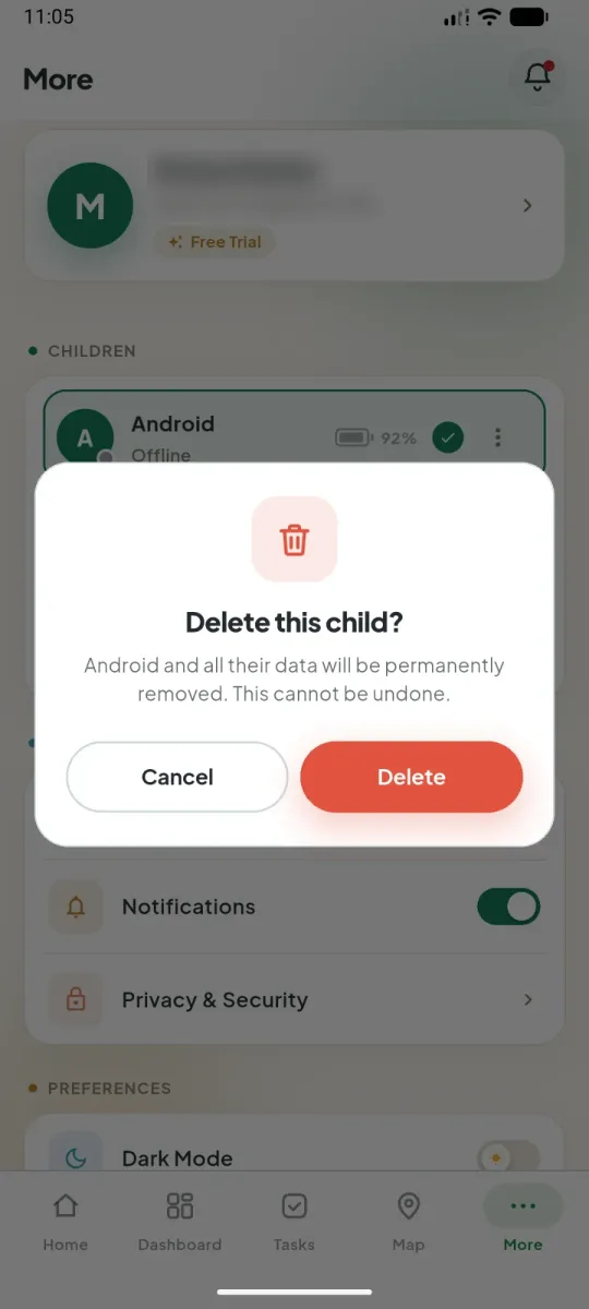 Delete this child confirmation dialog with Cancel and Delete buttons