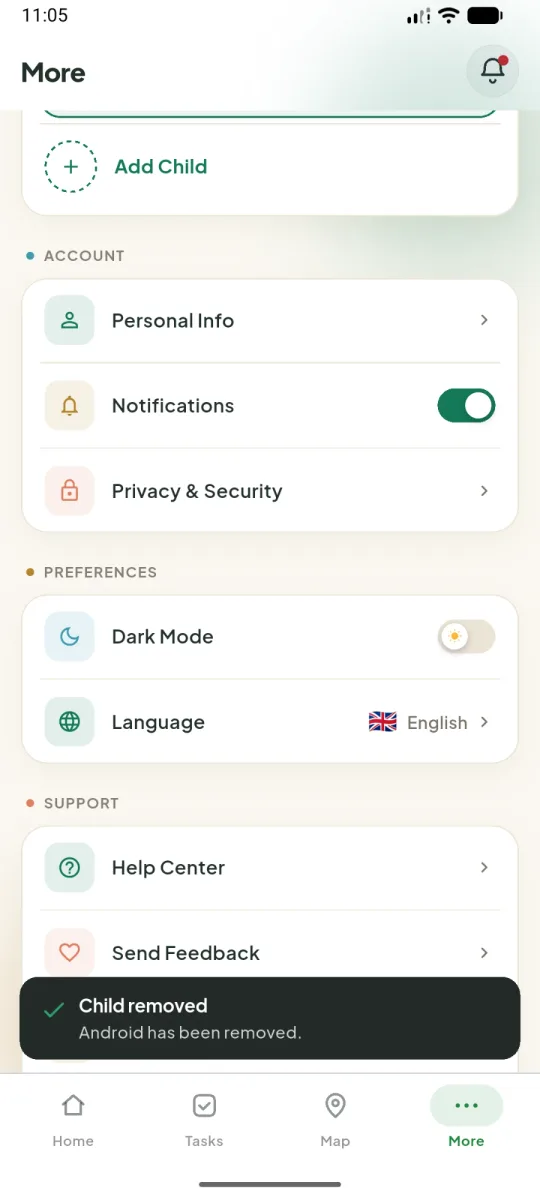 Child removed confirmation message in the Mamoru parent app