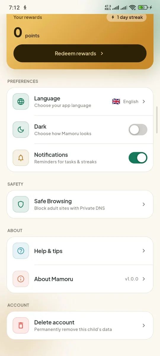 Mamoru Kids settings screen with the Delete account option under Account