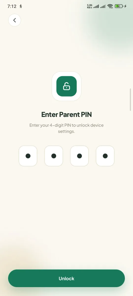 Enter Parent PIN screen in Mamoru Kids