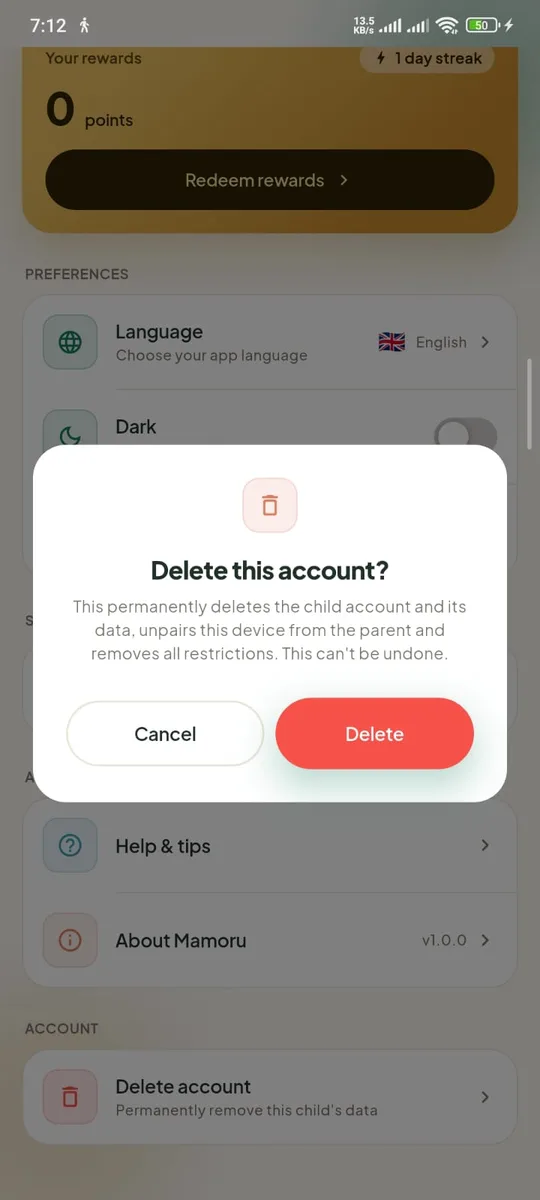 Delete this account confirmation dialog in Mamoru Kids